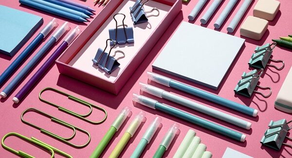 En las tiendas de artículos de oficina en Colombia, diversos artículos de oficina dispuestos en una mesa