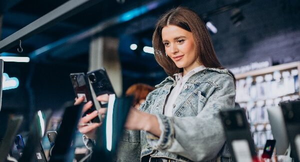 una de las mejores tiendas de smartphones, una joven mujer compara dos teléfonos