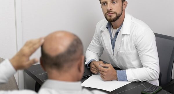 uno de los mejores médicos de trasplante capilar, escucha atentamente a paciente que le comunica acerca de su trasplante