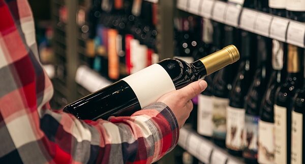 una de las mejores tiendas de vinos, un cliente escoge un vino entre varios en un estante