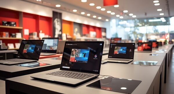portátiles para editar vídeo, dispuestas en una tienda de electrónica
