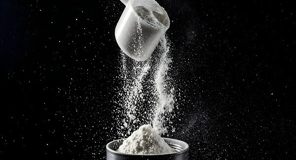 marcas de whey - un scoop de proteína en un fondo negro