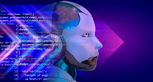 mejores IA para programación - una inteligencia artificial, representada por un bot, escribe un código de programación