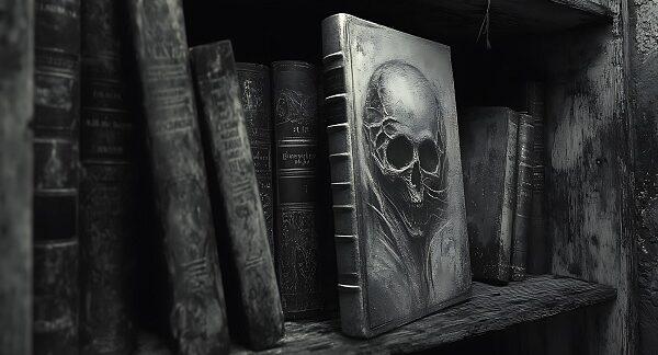 mejores libros de terror - una serie de libros terroríficos, entre ellos un libro con una calavera, en un estante antiguo